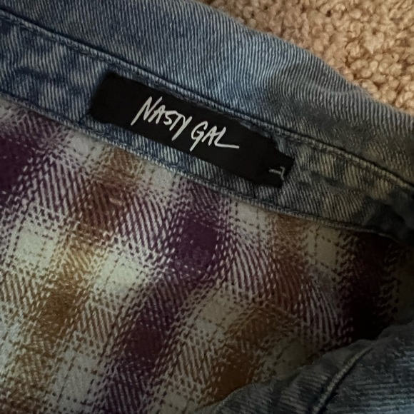 Nasty Gal Blue Jean Button Up w/purple & yellow checkered detail - Picture 2 of 3